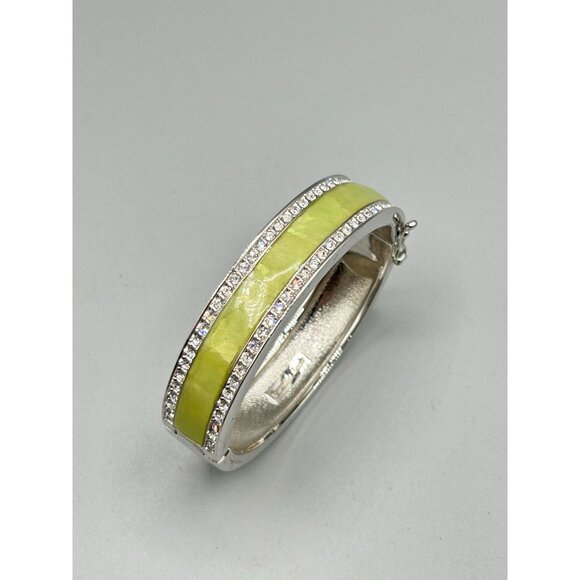 Signed Camille Lucie Hinged Bangle Bracelet Yellow Green Enamel and Rhinestones - Picture 3 of 8